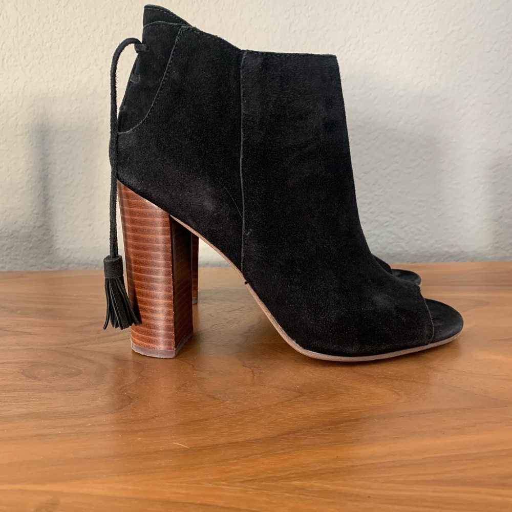 Halogen open toe black suede booties.